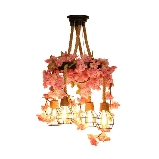 Antique Pink/Rose Red Metal LED Flower Cluster Pendant Lamp - 4/6 Lights - Ideal for Restaurants