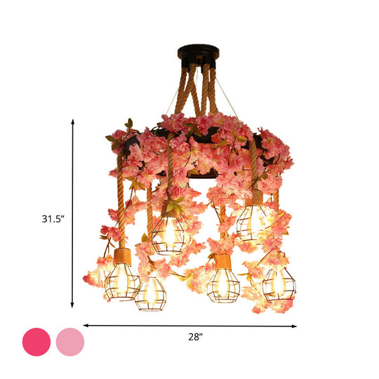 Antique Pink/Rose Red Metal LED Flower Cluster Pendant Lamp - 4/6 Lights - Ideal for Restaurants