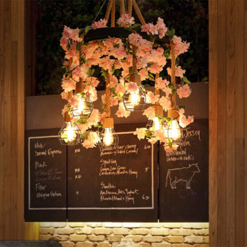 Antique Pink/Rose Red Metal LED Flower Cluster Pendant Lamp - 4/6 Lights - Ideal for Restaurants