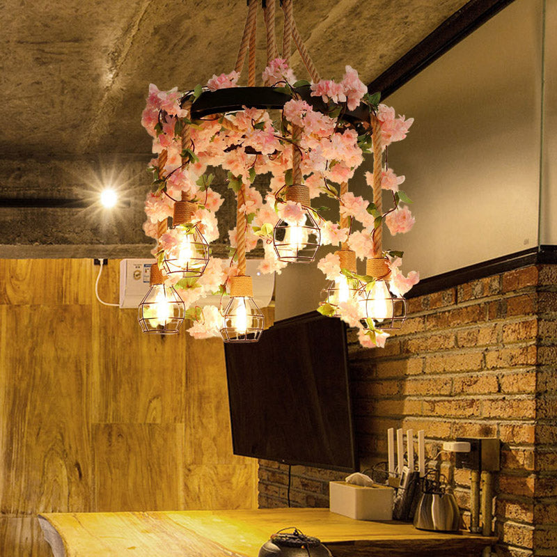 Antique Pink/Rose Red Metal LED Flower Cluster Pendant Lamp - 4/6 Lights - Ideal for Restaurants