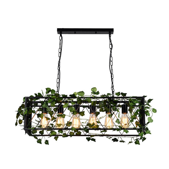 6-Head Metal Island Pendant - Antique Black Rectangular Led Down Lighting For Restaurants With Plant