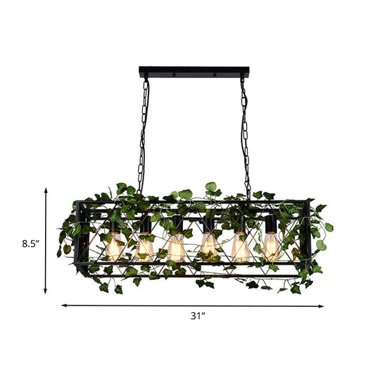 6-Head Metal Island Pendant - Antique Black Rectangular Led Down Lighting For Restaurants With Plant