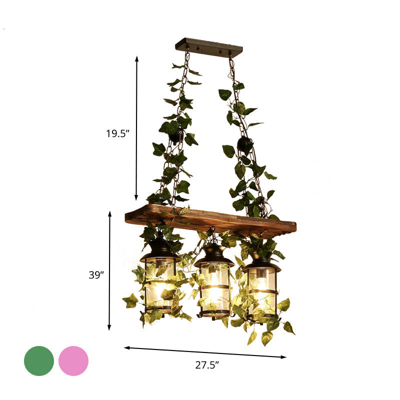 Retro Wooden Lantern 2/3 Head Island Ceiling Light With Led Drop Lamp Pink/Green Plant/Flower Decor