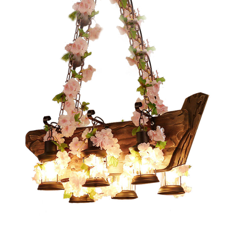 Modern Wooden Island Pendant Light - Pink/Green 6 Bulbs Led Industrial Style Hanging Lamp Kit