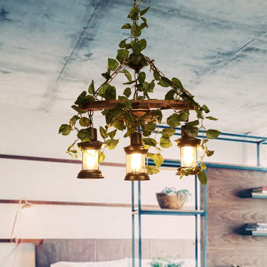 Industrial Wooden Chandelier With Led Plant Ceiling Light - Green Lantern Design 3/6/8 Heads Ideal