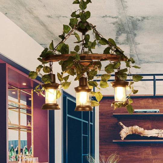 Industrial Green Lantern Wooden Chandelier - LED Restaurant Ceiling Light (3/6/8 Heads), 21.5"/27"/30" Width