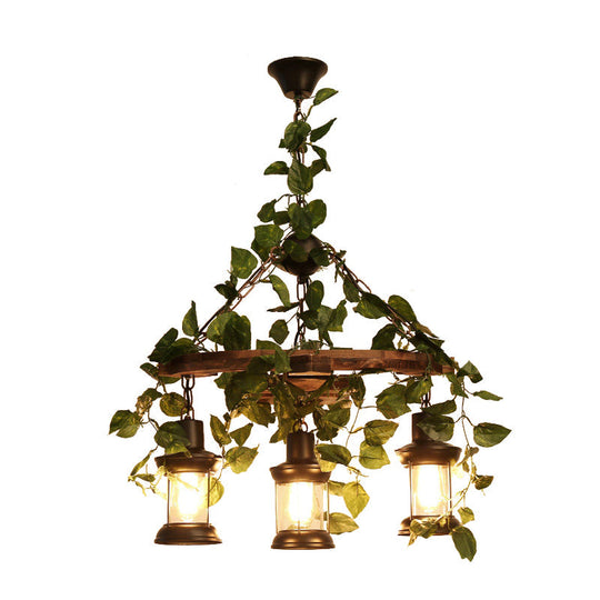 Industrial Green Lantern Wooden Chandelier - LED Restaurant Ceiling Light (3/6/8 Heads), 21.5"/27"/30" Width