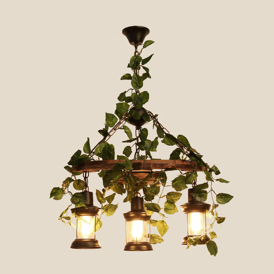 Industrial Green Lantern Wooden Chandelier - LED Restaurant Ceiling Light (3/6/8 Heads), 21.5"/27"/30" Width