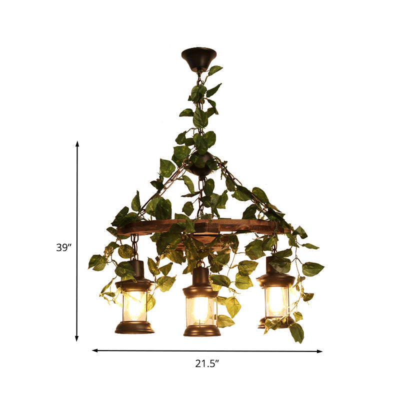 Industrial Green Lantern Wooden Chandelier - LED Restaurant Ceiling Light (3/6/8 Heads), 21.5"/27"/30" Width