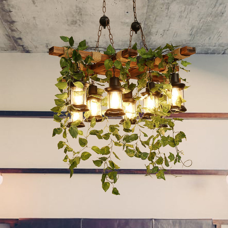 Industrial Green Lantern Wooden Chandelier - LED Restaurant Ceiling Light (3/6/8 Heads), 21.5"/27"/30" Width