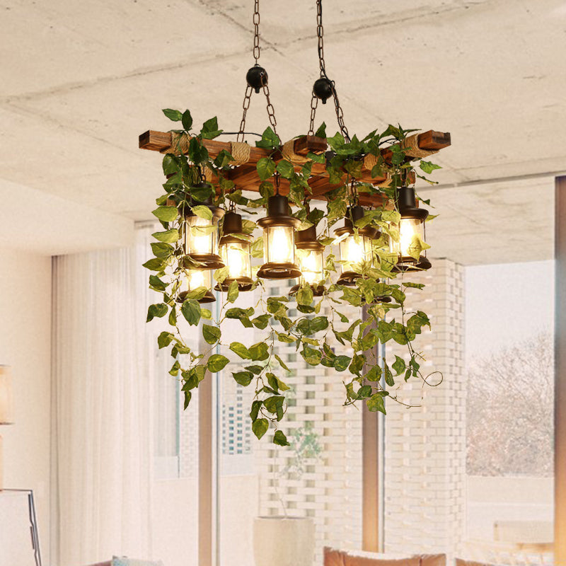 Industrial Wooden Chandelier With Led Plant Ceiling Light - Green Lantern Design 3/6/8 Heads Ideal