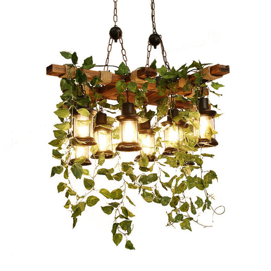 Industrial Green Lantern Wooden Chandelier - LED Restaurant Ceiling Light (3/6/8 Heads), 21.5"/27"/30" Width