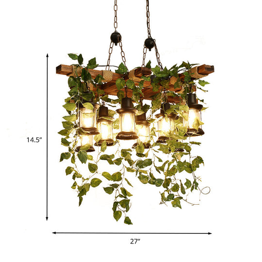 Industrial Green Lantern Wooden Chandelier - LED Restaurant Ceiling Light (3/6/8 Heads), 21.5"/27"/30" Width