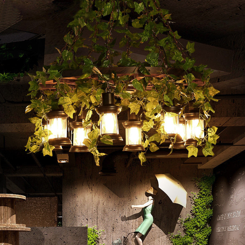 Industrial Wooden Chandelier With Led Plant Ceiling Light - Green Lantern Design 3/6/8 Heads Ideal