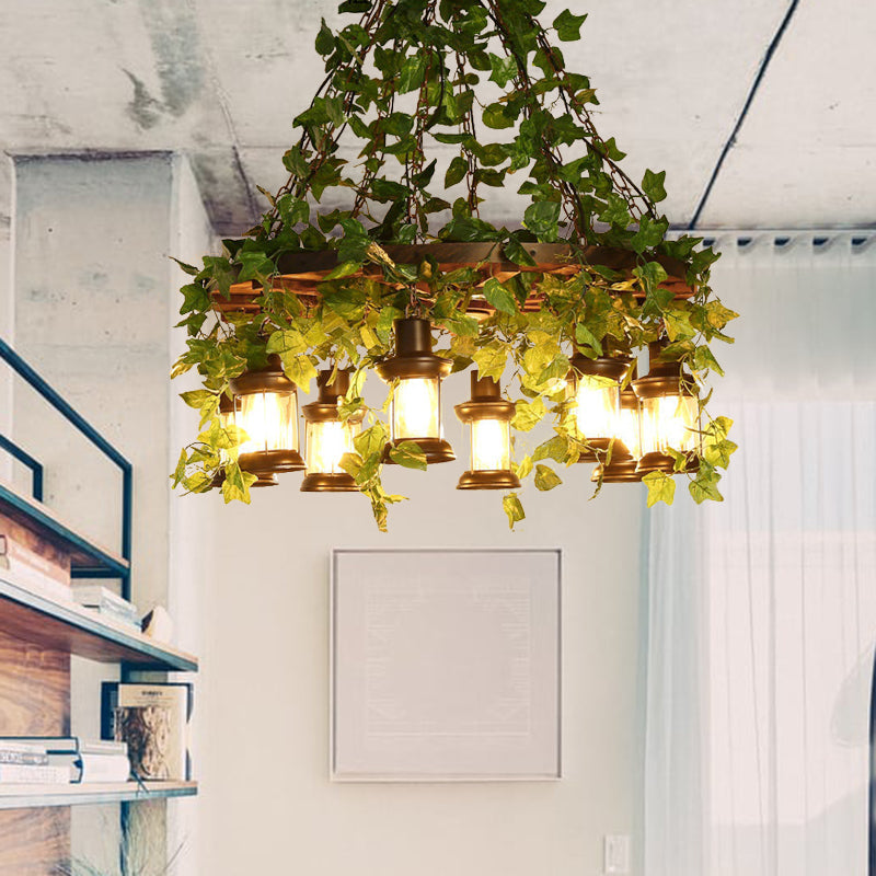 Industrial Wooden Chandelier With Led Plant Ceiling Light - Green Lantern Design 3/6/8 Heads Ideal