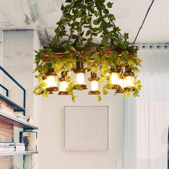 Industrial Wooden Chandelier With Led Plant Ceiling Light - Green Lantern Design 3/6/8 Heads Ideal