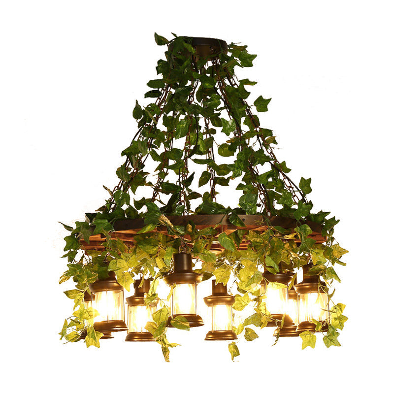 Industrial Green Lantern Wooden Chandelier - LED Restaurant Ceiling Light (3/6/8 Heads), 21.5"/27"/30" Width