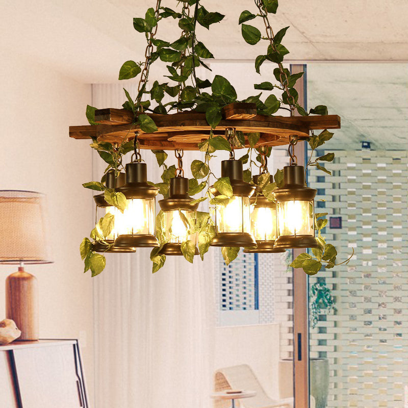 Industrial Wooden Chandelier With Led Plant Ceiling Light - Green Lantern Design 3/6/8 Heads Ideal