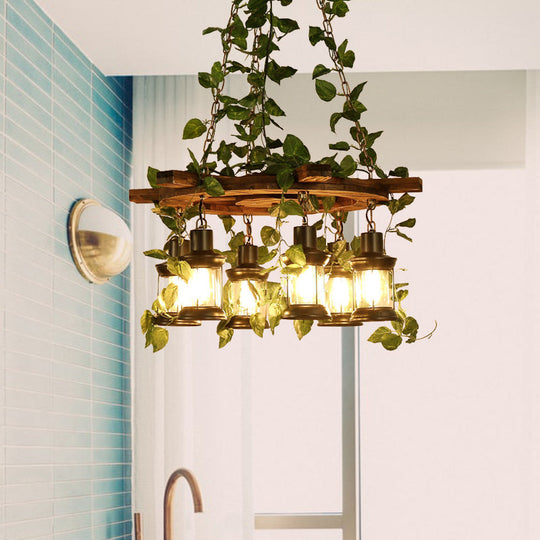 Industrial Wooden Chandelier With Led Plant Ceiling Light - Green Lantern Design 3/6/8 Heads Ideal