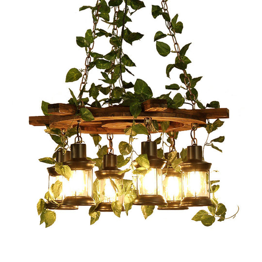 Industrial Green Lantern Wooden Chandelier - LED Restaurant Ceiling Light (3/6/8 Heads), 21.5"/27"/30" Width