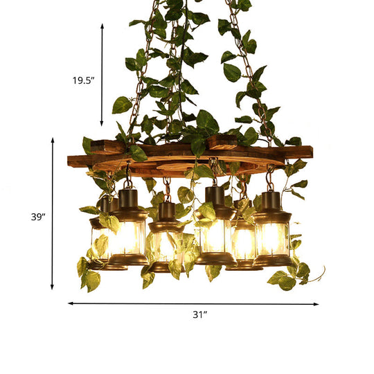 Industrial Green Lantern Wooden Chandelier - LED Restaurant Ceiling Light (3/6/8 Heads), 21.5"/27"/30" Width