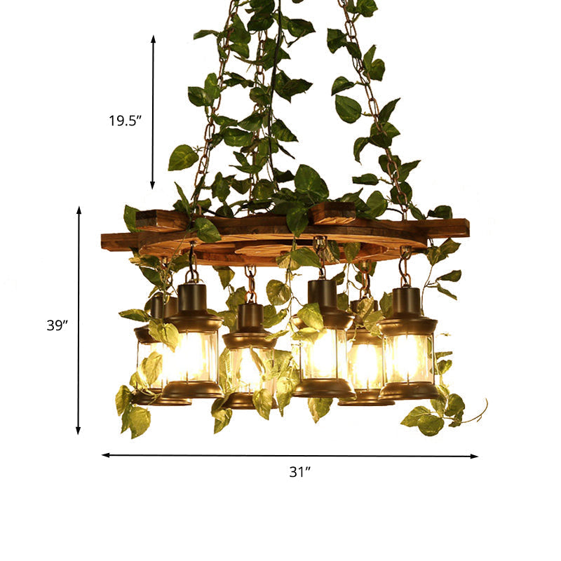 Industrial Wooden Chandelier With Led Plant Ceiling Light - Green Lantern Design 3/6/8 Heads Ideal