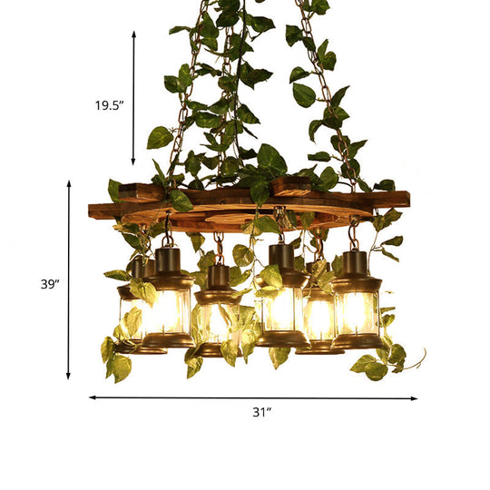 Industrial Wooden Chandelier With Led Plant Ceiling Light - Green Lantern Design 3/6/8 Heads Ideal