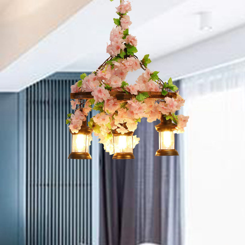 Vintage Lantern Chandelier With Wooden Led Flower Suspension Light In Pink - 3/6/8 Heads 21.5/27/30