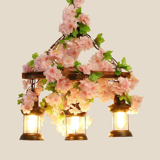 Vintage Wooden Lantern Pendant Chandelier with LED Flower Suspension Light in Pink - 3/6/8 Heads and 21.5"/27"/30" Wide