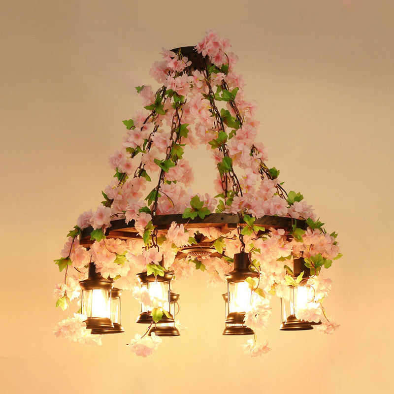 Vintage Wooden Lantern Pendant Chandelier with LED Flower Suspension Light in Pink - 3/6/8 Heads and 21.5"/27"/30" Wide