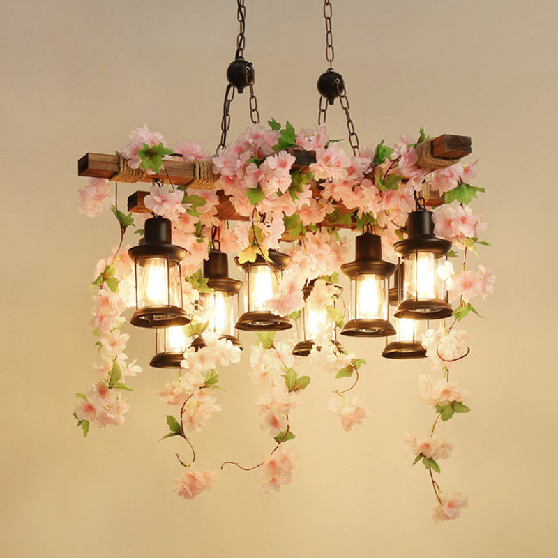 Vintage Wooden Lantern Pendant Chandelier with LED Flower Suspension Light in Pink - 3/6/8 Heads and 21.5"/27"/30" Wide