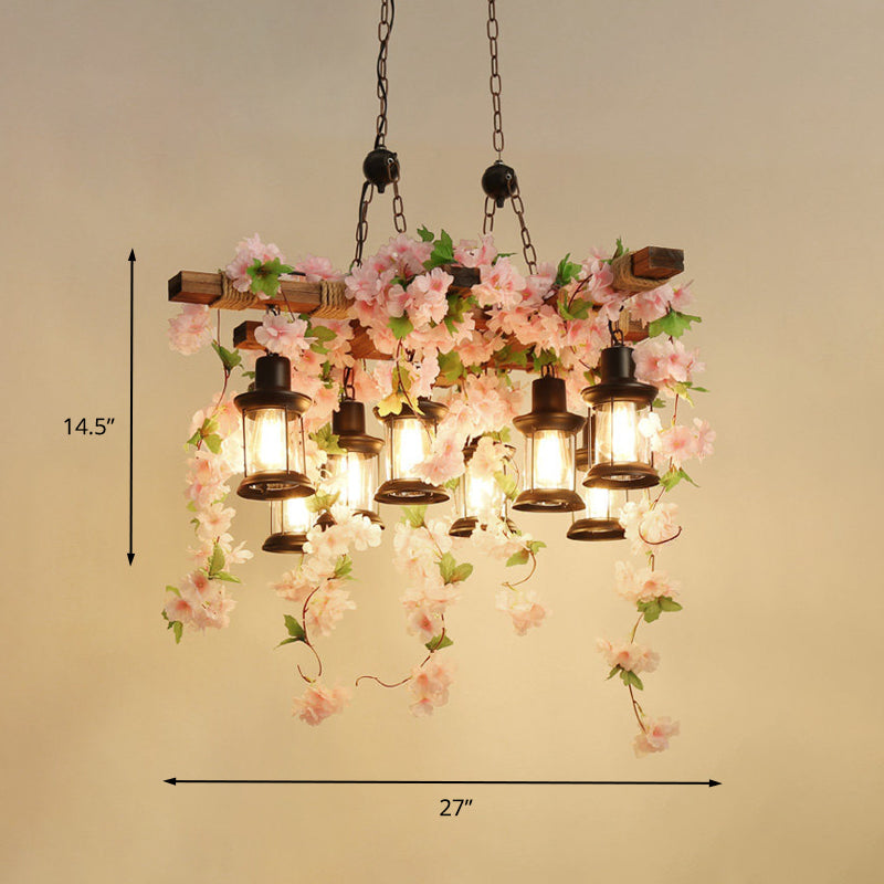 Vintage Wooden Lantern Pendant Chandelier with LED Flower Suspension Light in Pink - 3/6/8 Heads and 21.5"/27"/30" Wide