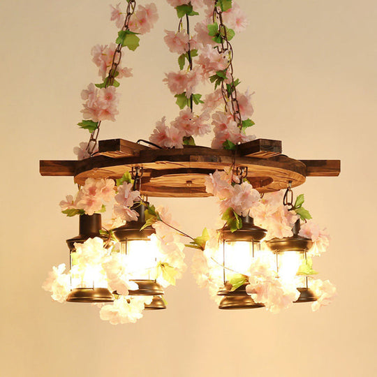 Vintage Wooden Lantern Pendant Chandelier with LED Flower Suspension Light in Pink - 3/6/8 Heads and 21.5"/27"/30" Wide