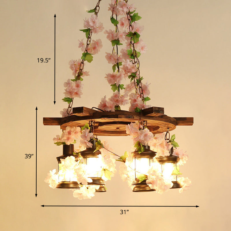 Vintage Wooden Lantern Pendant Chandelier with LED Flower Suspension Light in Pink - 3/6/8 Heads and 21.5"/27"/30" Wide