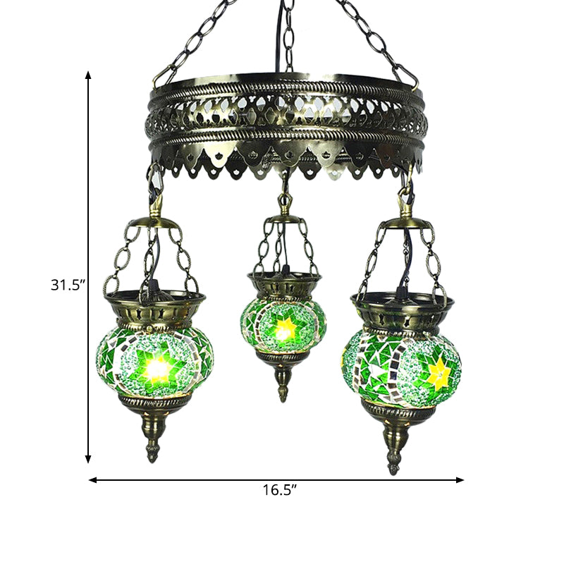 Traditional Stained Art Glass Oval Chandelier - Bedroom Ceiling Lighting (3 Heads) In