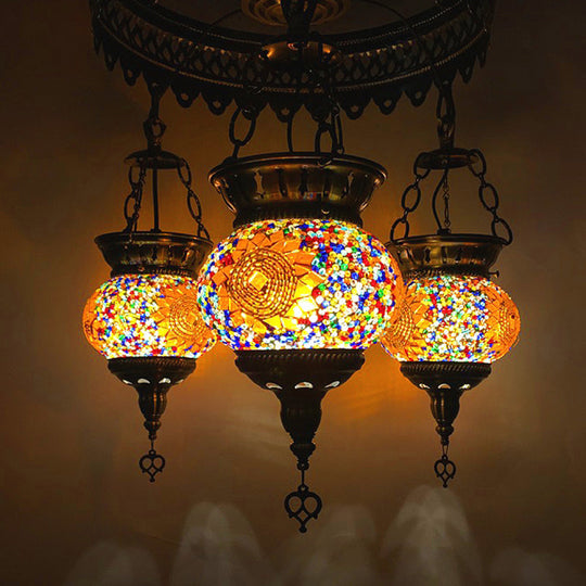 Traditional Stained Art Glass Oval Chandelier - Bedroom Ceiling Lighting (3 Heads) In