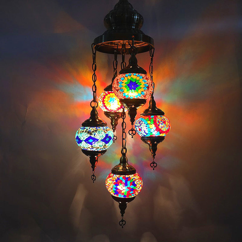 5-Head Cut Glass Chandelier Pendant Light In Traditional Red/Orange/Blue - Perfect For Living Room