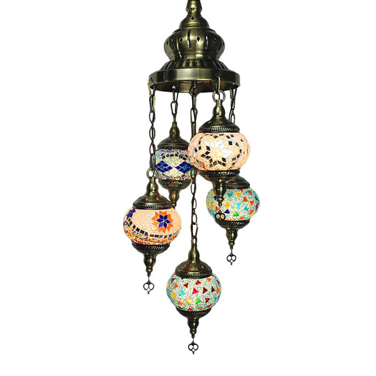 Stained Glass 5-Head Oval Chandelier With White Orange And Blue Lighting For Traditional Living Room