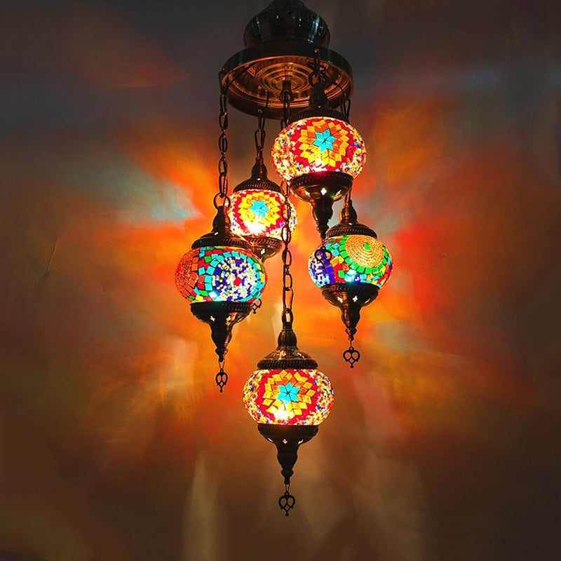 Stained Glass 5-Head Oval Chandelier With White Orange And Blue Lighting For Traditional Living Room