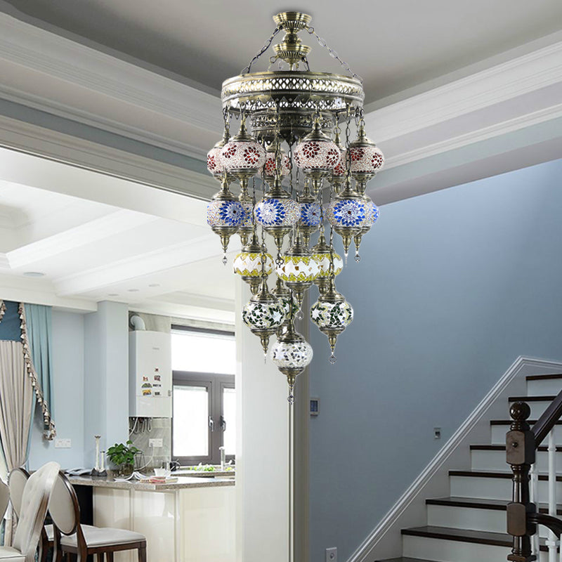 Traditional Blue Art Glass Chandelier: Oval Stained Ceiling Pendant Light