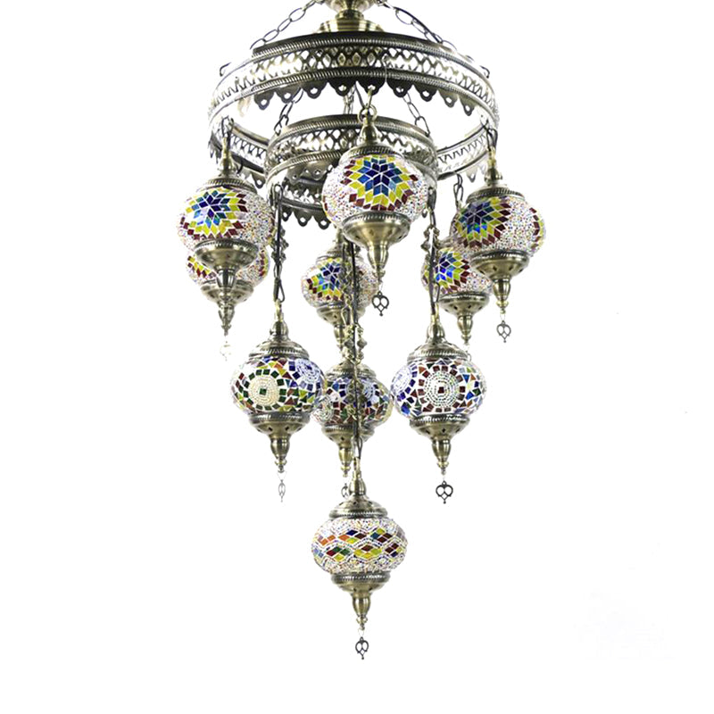 10-Head Multicolored Stained Glass Chandelier Lamp With Traditional Red/Pink/Yellow Design