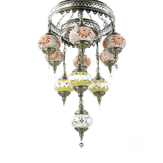 10-Head Multicolored Stained Glass Chandelier Lamp With Traditional Red/Pink/Yellow Design Yellow