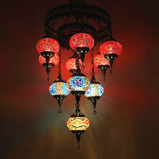 10-Head Multicolored Stained Glass Chandelier Lamp With Traditional Red/Pink/Yellow Design