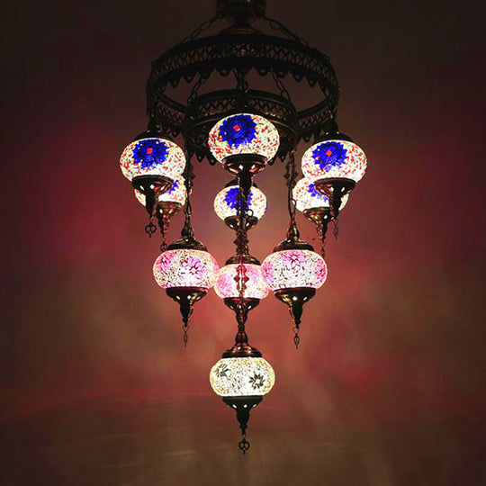 10-Head Multicolored Stained Glass Chandelier Lamp With Traditional Red/Pink/Yellow Design