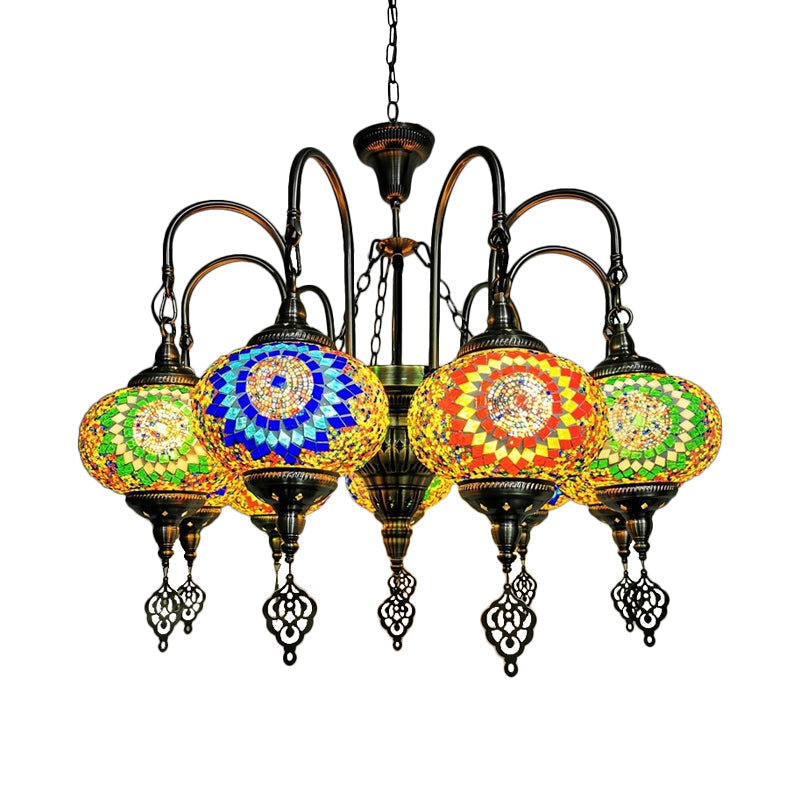 Vintage Yellow/Green Hand Cut Glass Chandelier Lighting - 9 Heads Oval Ceiling Pendant Light