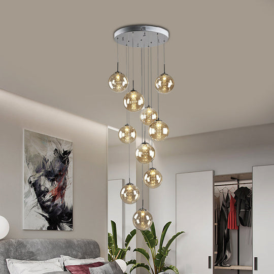 Modern Amber Glass Globe Cluster Pendant Lamp - 10 Bulb Hanging Light For Living Room