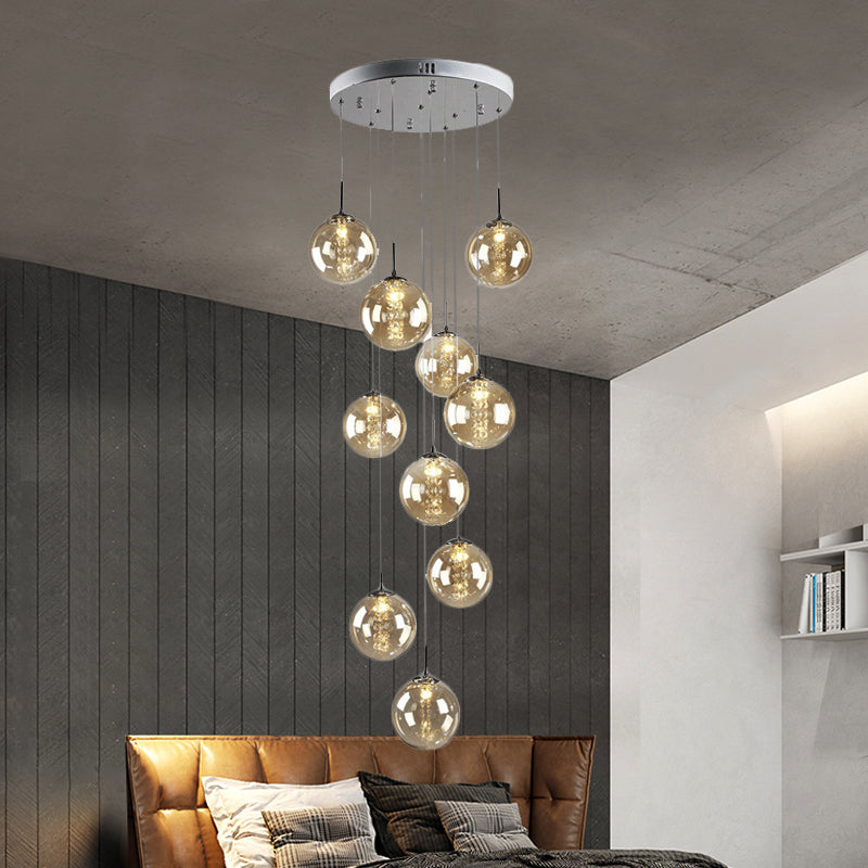 Modern Amber Glass Globe Cluster Pendant Lamp - 10 Bulb Hanging Light For Living Room