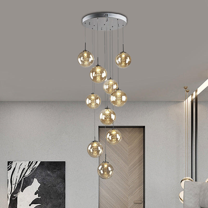 Modern Amber Glass Globe Cluster Pendant Lamp - 10 Bulb Hanging Light For Living Room