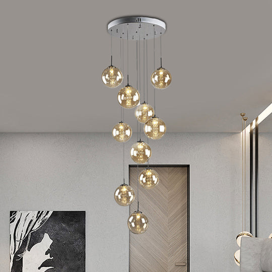 Modern Amber Glass Globe Cluster Pendant Lamp - 10 Bulb Hanging Light For Living Room