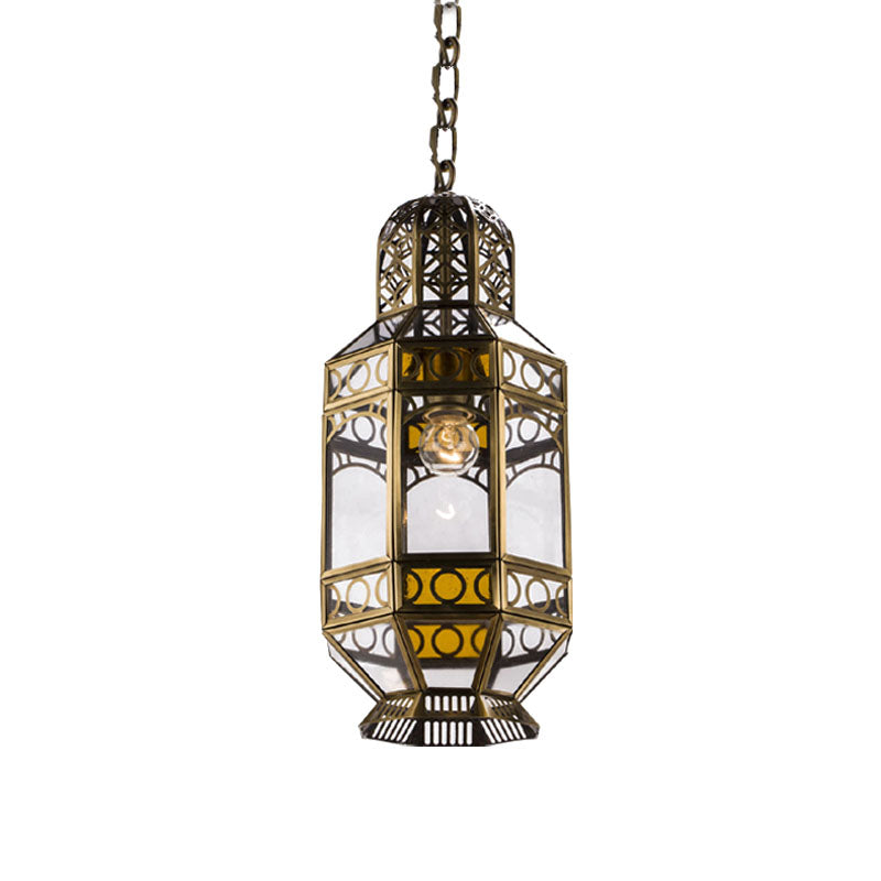 Traditional Brass Hanging Lantern Pendant With Chain - Metallic 1-Head Suspension Lamp